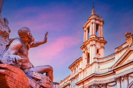 Piazza Navona, Rome. Fontana dei Quattro Fiumi, built by Bernini in 1650 AD.