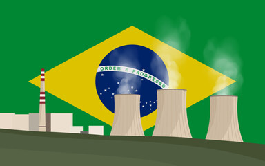 Nuclear power plant in Brazil. Electricity generation production. Power station on Brazilian flag background. Nuclear power stations vector illustration © Narek