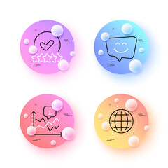 Chart, Globe and Rating stars minimal line icons. 3d spheres or balls buttons. Smile chat icons. For web, application, printing. Rise data, Internet world, Verified rank. Happy face. Vector