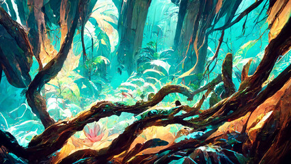Fototapeta premium forest Mayan style riverside flowers and trees illustration art Generative AI Content by Midjourney