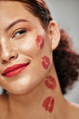 Makeup, lipstick kiss and beauty of woman model in studio for cosmetics, love and glow on skin....