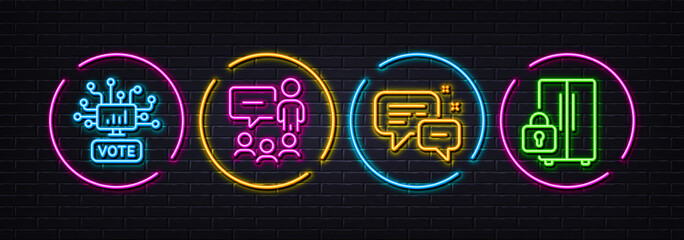 Employees messenger, Online voting and People chatting minimal line icons. Neon laser 3d lights. Refrigerator icons. For web, application, printing. Speech bubble, Web campaign, Conference. Vector
