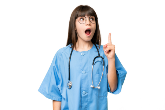 Little girl as a surgeon doctor over isolated chroma key background thinking an idea pointing the finger up