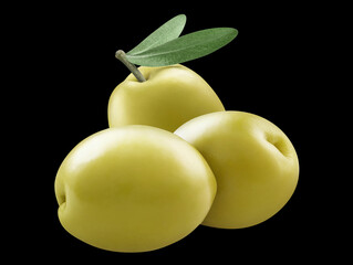 Delicious olives with leaves, isolated on black background