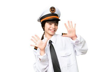 Little girl as a Airplane pilot over isolated chroma key background counting ten with fingers