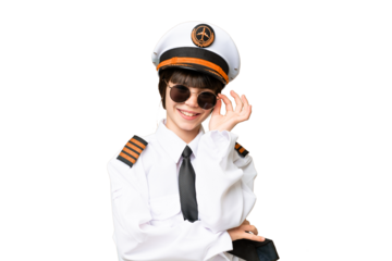 Little girl as a Airplane pilot over isolated chroma key background with glasses and happy
