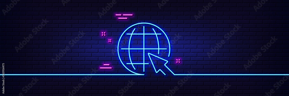 Poster neon light glow effect. globe with mouse cursor line icon. world or earth sign. global internet symb