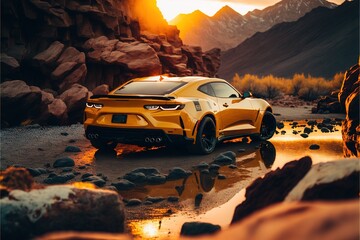Muscle Car outside near waterfall at sunset digital illustration generative ai