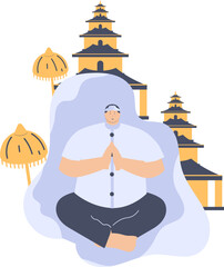 a fat man wearing blue and white clothes is praying in a Hindu religious place of worship equipped with two yellow umbrellas
