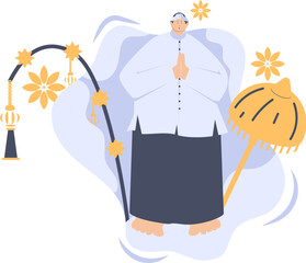 a fat man wearing blue and white clothes is praying in a Hindu religious place of worship equipped with two yellow umbrellas
