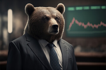 portrait of a grizzly bear dressed as a trader in a suit, representing the bearish side of the finance market amid a downtrend in stocks, set in a dramatic boiler room, generative ai