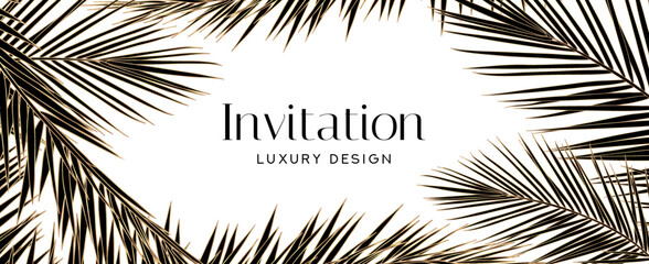 Tropical invitation card with line palm leaf pattern (gold palm tree leaves). Premium golden vector on white background for wedding invite, Gift card, voucher, gift certificate