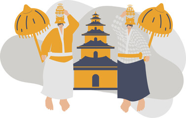 Two fat women are standing carrying religious paraphernalia in front of a Hindu religious place of worship
