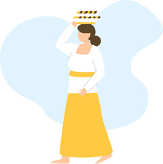 a woman wearing yellow and white clothes was walking carrying Buddhist worship equipment
