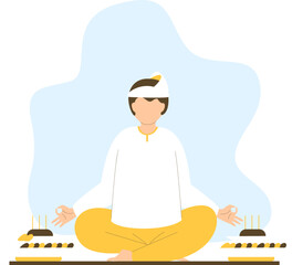 a brown-haired man wearing white and yellow worship clothes was sitting praying
