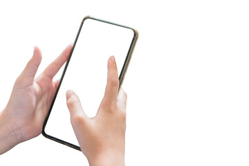 Hand women holding and touchscreen on empty monitor mockup smartphone well advertising on free space with technology, communication or information online   