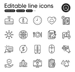 Set of Business outline icons. Contains icons as Attention bell, Apartment insurance and Search elements. Work home, Insurance hand, Eye checklist web signs. Usd exchange. Vector