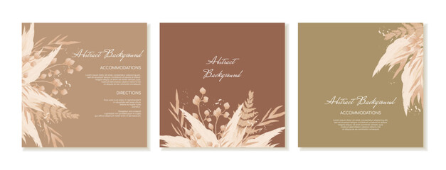 A set of boho-style square social media post templates with dried flowers and pampas in brown, olive shades in watercolour style. Vector