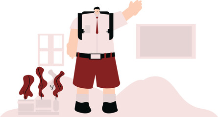 a fat, black-haired man wearing a red and white uniform and black shoes was standing with one hand up
