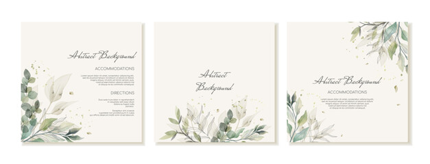 Fototapeta na wymiar Set of square social media post templates in Rustic style with green leaves, eucalyptus and branches. Wedding invitation cards in watercolour contemporary style. Vector