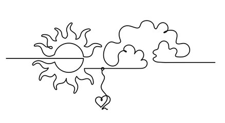 Abstract sun with heart as line drawing on white background. Vector