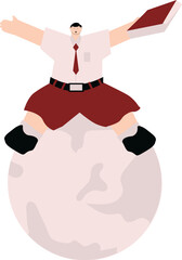a fat guy with black hair wearing a red and white school uniform is sitting on a big ball and looks happy
