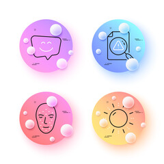 Search document, Face biometrics and Sun energy minimal line icons. 3d spheres or balls buttons. Smile face icons. For web, application, printing. Vector