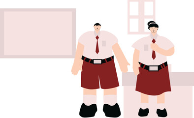 a couple of fat lovers wearing red and white school uniforms are standing in front of the class
