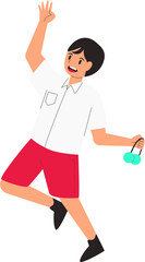 A boy with short black hair wearing a red and white school uniform is standing carrying Tosca green earphones
