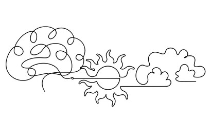 Abstract sun with brain as line drawing on white background. Vector