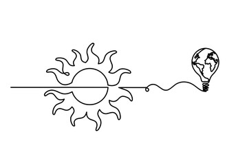 Abstract sun with globe light bulb as line drawing on white background. Vector