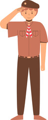 a brown-haired man wearing a scout uniform equipped with a red and white hat and tie was standing respectfully
