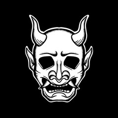 Devil mask art Illustration hand drawn black and white vector for tattoo, sticker, logo etc
