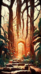 Fototapeta na wymiar forest Mayan style door background illustration art Generative AI Content by Midjourney