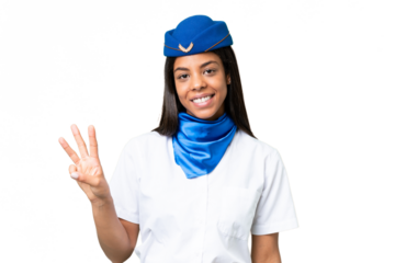 Airplane stewardess African american woman over isolated background happy and counting three with fingers