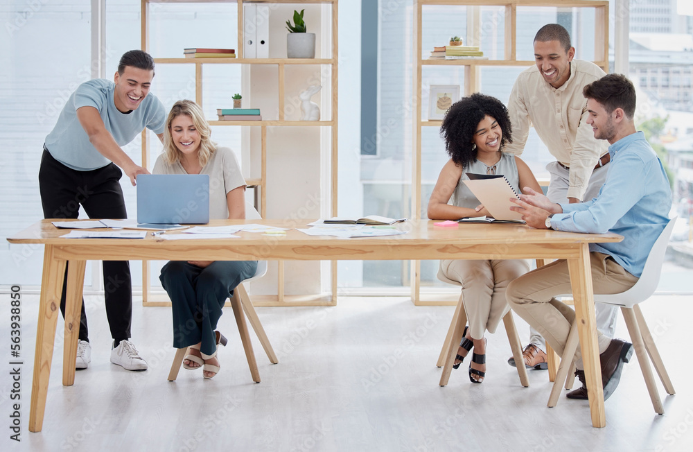 Poster search, analytics or business people on laptop for internet research, social media content or networ