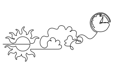 Abstract sun with clock as line drawing on white background. Vector