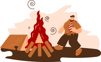 a fat boy wearing a scout uniform equipped with a brown tent was celebrating a bonfire
