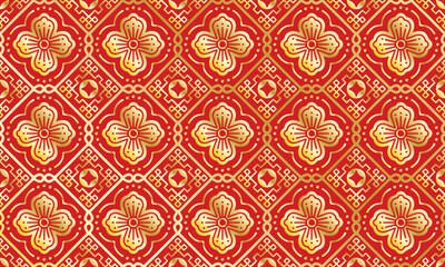 Ethnic Chinese Traditional Flower Background Cute Red Gold geometric tribal ikat folk Motif oriental native pattern design carpet wallpaper clothing fabric wrapping print batik folk knit vector