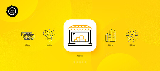 Fototapeta na wymiar Ram, Skyscraper buildings and Time management minimal line icons. Yellow abstract background. Market, Fireworks explosion icons. For web, application, printing. Vector