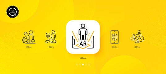 Fototapeta na wymiar Inspect, Fingerprint and Remove team minimal line icons. Yellow abstract background. Cleaning, Augmented reality icons. For web, application, printing. Work quality, Biometric scan, Networking. Vector