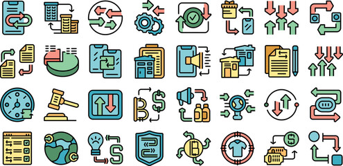 Barter icons set outline vector. Agriculture change. Meeting trade color line flat isolated on white