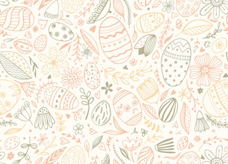 Vector seamless pattern from Easter eggs and flowers. Easter eggs. Traditional Easter ornament. Happy easter. Hand-drawn. Vector illustration.
