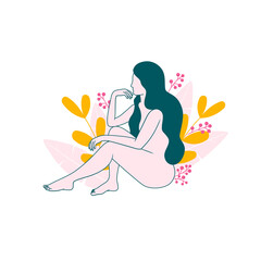 Woman with long hair and leafs and berries on the background. Femininity and self-care concept. Illustration on transparent background