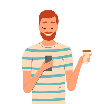 A young man with coffee in his hand looks at the phone and smiles. Flat cartoon Illustration on transparent background