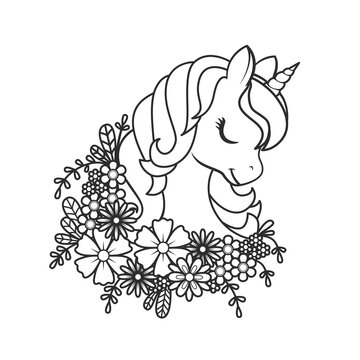 Portrait of a cute unicorn in flowers. Page for coloring book. Illustration on transparent background