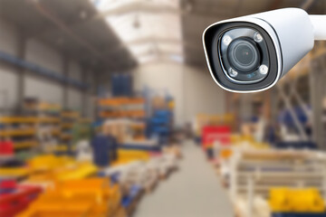 CCTV Camera or surveillance operating inside industrial factory. Copy space.