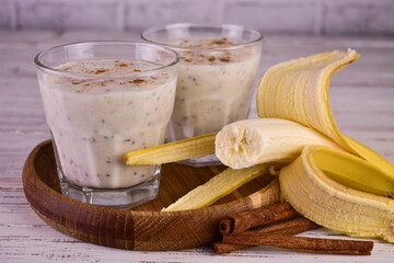 Banana smoothie with chia seeds. Healthy drinks.
