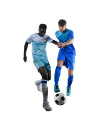 Close-up of football action scene with competing soccer players