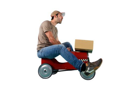 Courier drive fast with a toy car as express and rapid delivery